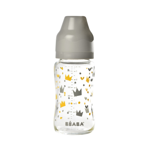 Biberoane tetine suzete - Biberon din sticla cu gat larg Beaba Crown 240 ml Grey