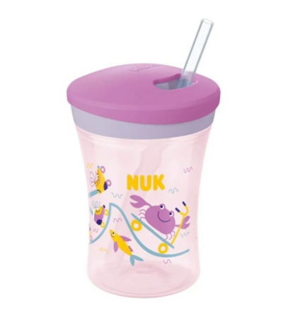 Cani si pahare - Cana Nuk Evolution Action cu pai 230 ml de la 12 luni Roz