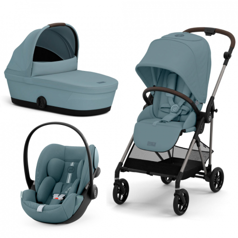 Carucioare copii - Carucior Cybex Melio B 3 in 1 Stormy Blue cu Scoica Auto Cloud G i-Size Plus reclinabila