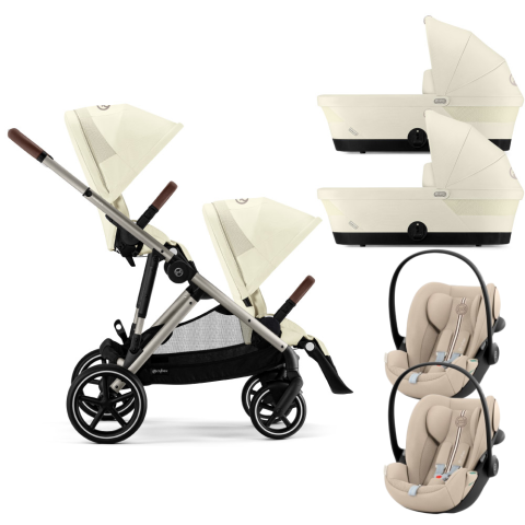 Carucioare copii - Carucior gemeni Cybex Gazelle S Taupe/Seashell Beige cu Scoici Auto Cloud G3 Plus