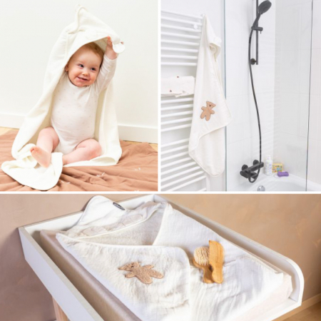 Prosop cu gluga si manusa de baie Childhome 80x80 cm, Muselina/Terry Teddy [3]