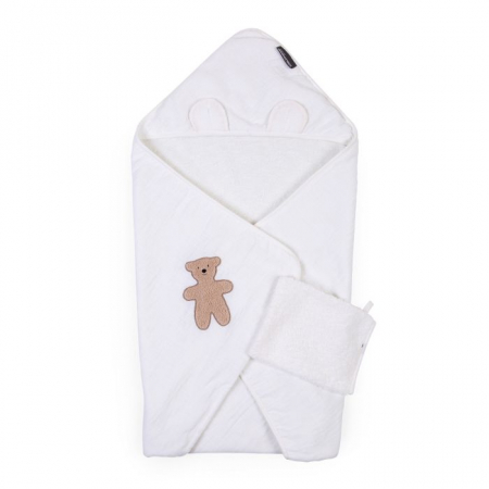 Produse pentru baie - Prosop cu gluga si manusa de baie Childhome 80x80 cm, Muselina/Terry Teddy