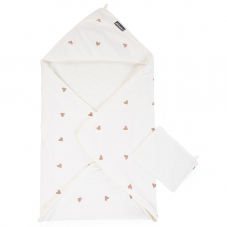 Produse pentru baie - Prosop cu gluga si manusa de baie Childhome Jerse/Frotir 80x80 cm, Inimioare