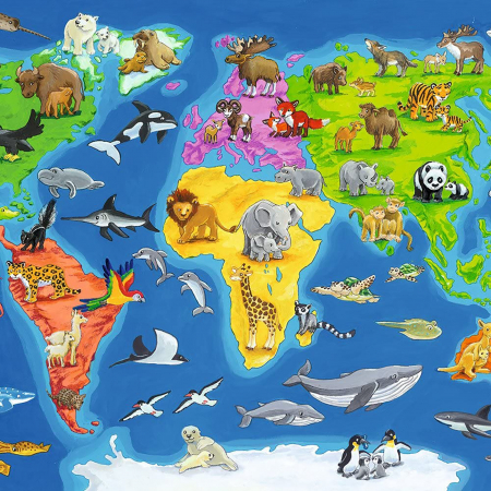Jocuri tip puzzle - Puzzle Harta Lumii Cu Animale, 30 Piese