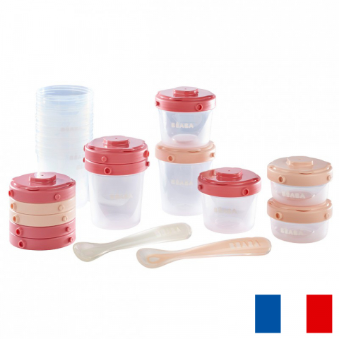 Articole hranire copii - Set 12 recipiente ermetice si 2 lingurite silicon Beaba Pink