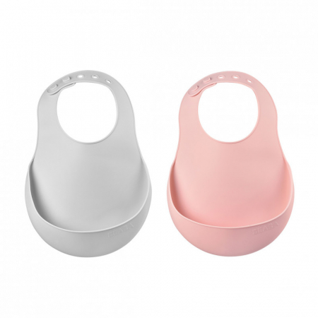 Articole hranire copii - Set 2 Bavete silicon Beaba Old Pink/Light Grey