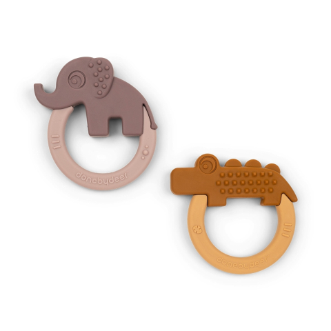 Igiena si sanatate - Set 2 inele dentitie din silicon Done by Deer Deer Friends Mustar/Roz Pudra