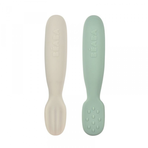 Articole hranire copii - Set 2 linguri silicon Beaba Sage Green/Velvet Grey
