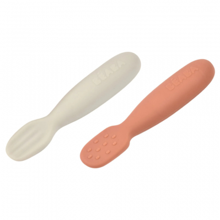 Articole hranire copii - Set 2 linguri silicon Beaba Terracotta/Velvet Grey