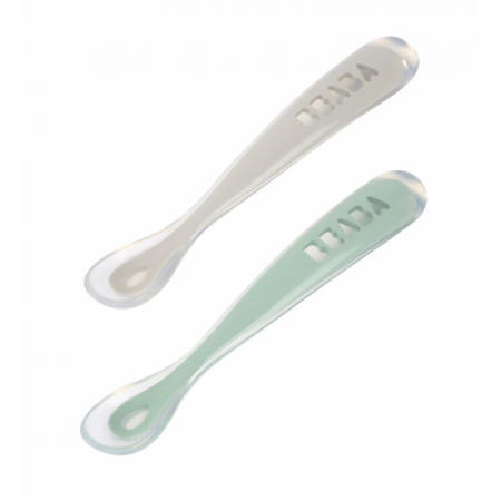 Articole hranire copii - Set 2 lingurite silicon +4 luni Beaba Sage Green