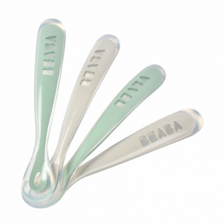 Articole hranire copii - Set 4 lingurite silicon +4 luni Beaba Sage Green