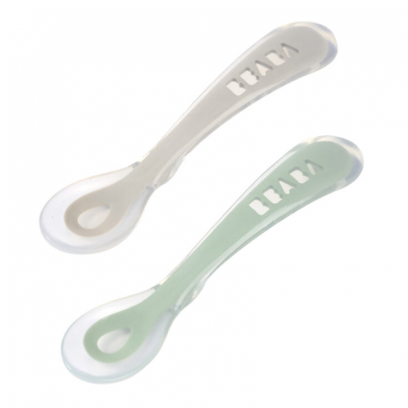 Articole hranire copii - Set 2 lingurite silicon +8 luni Beaba Sage Green