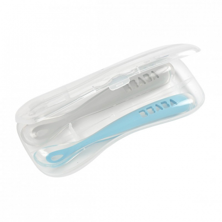 Articole hranire copii - Set 2 lingurite silicon +4 luni Beaba Blue