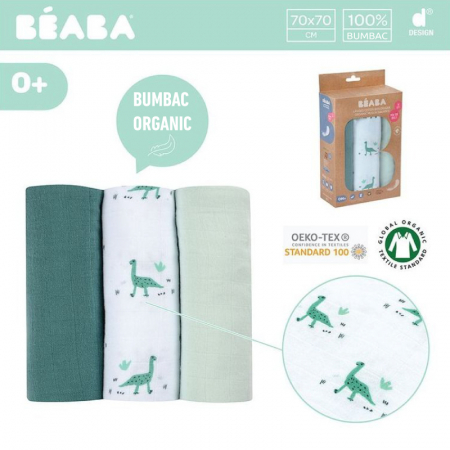 Set 3 Museline Beaba bumbac organic 70x70 cm Jurassic Green [5]