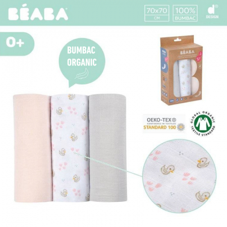 Set 3 Museline Beaba bumbac organic 70x70 cm Swan Pink [5]