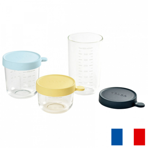 Articole hranire copii - Set 3 recipiente sticla Beaba 150/250/400 ml Blue