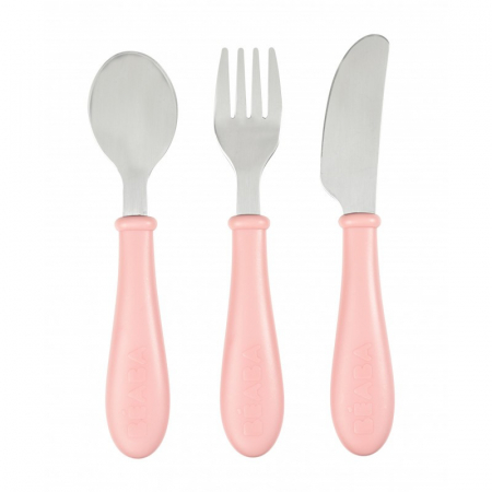 Articole hranire copii - Set 3 tacamuri inox Beaba Old Pink