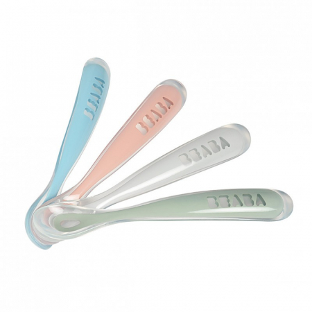 Articole hranire copii - Set 4 lingurite silicon +4 luni Beaba Eucalyptus