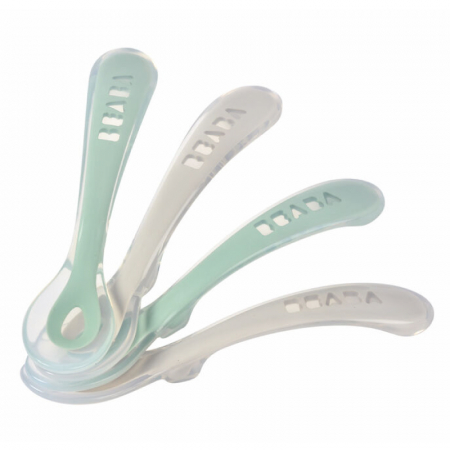 Articole hranire copii - Set 4 lingurite silicon +8 luni Beaba Sage Green