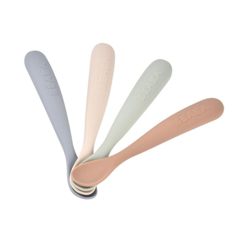 Articole hranire copii - Set 4 lingurite silicon Beaba +4 luni Solid Natural