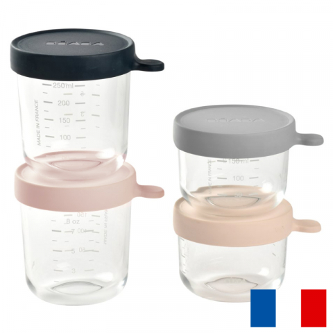 Articole hranire copii - Set 4 recipiente sticla Beaba 150/250 ml Pink