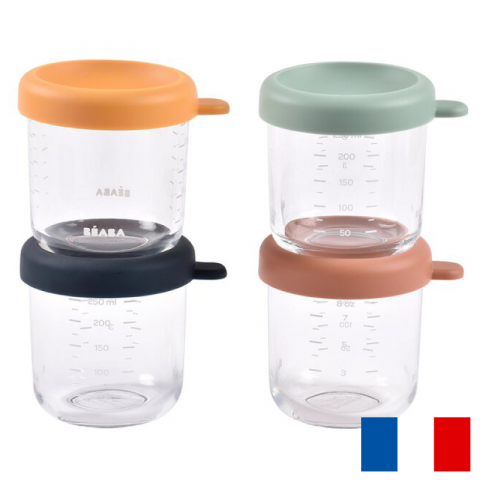 Articole hranire copii - Set 4 recipiente sticla Beaba 250 ml Sunrise Colormix