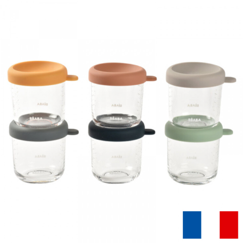 Articole hranire copii - Set 6 recipiente sticla Beaba 250 ml Sunrise Colormix