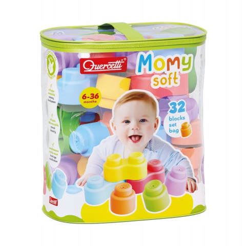 Jucarii si jocuri copii - Set constructie cuburi moi bebe Quercetti Momy Soft 32 piese cu geanta