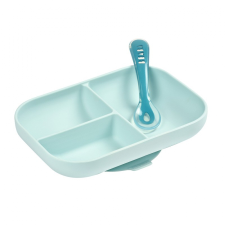 Articole hranire copii - Set de masa silicon Beaba 2 piese Blue