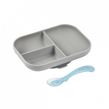 Articole hranire copii - Set de masa silicon Beaba 2 piese Grey