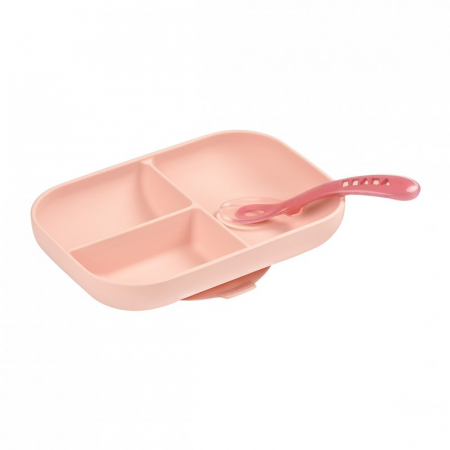 Articole hranire copii - Set de masa silicon Beaba 2 piese Pink