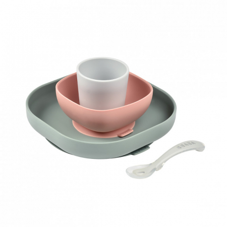 Articole hranire copii - Set de masa silicon Beaba 4 piese Eucalyptus