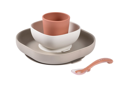 Articole hranire copii - Set de masa silicon Beaba 4 piese Terracotta
