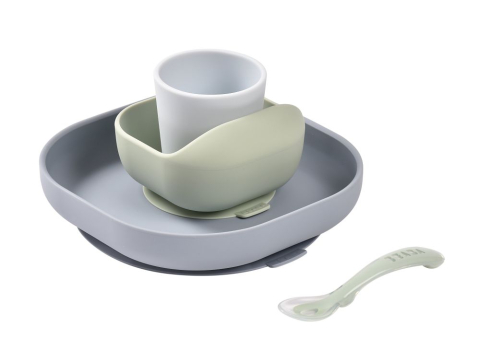 Articole hranire copii - Set de masa silicon Beaba 4 piese Pebble