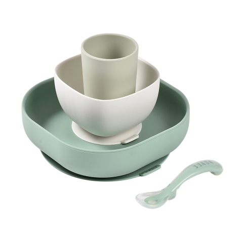 Articole hranire copii - Set de masa silicon Beaba 4 piese Sage Green/Misty Green