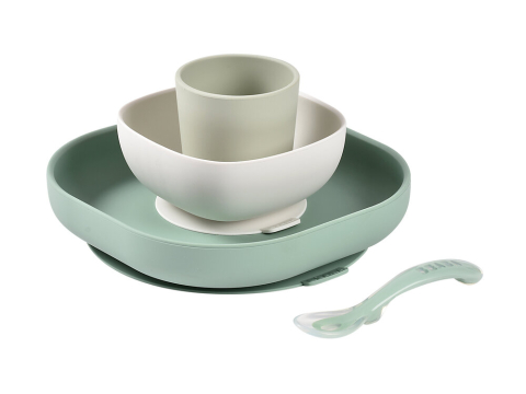 Articole hranire copii - Set de masa silicon Beaba 4 piese Sage Green
