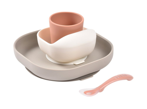 Articole hranire copii - Set de masa silicon Beaba 4 piese Terracotta Gazelle