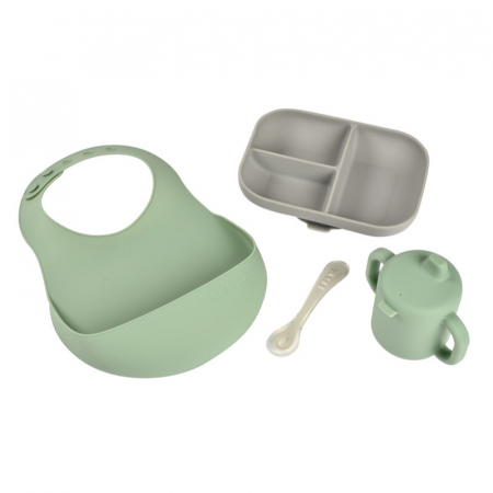 Articole hranire copii - Set de masa silicon Beaba Essentials Grey/Sage Green