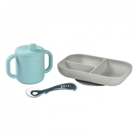 Articole hranire copii - Set de masa silicon cu cana Beaba Blue
