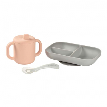 Articole hranire copii - Set de masa silicon cu cana Beaba Old Pink