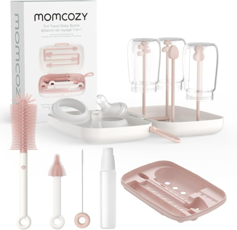 Masa bebelusului - Set de perii pentru biberoane Momcozy 7 in 1 din silicon Pink