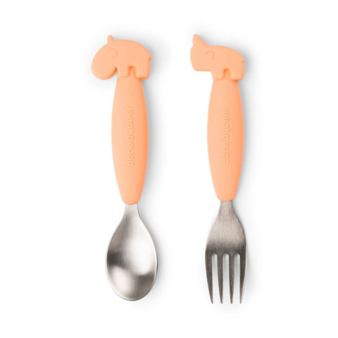Articole hranire copii - Set furculita si lingura Done by Deer Easy-grip Deer Friends Coral