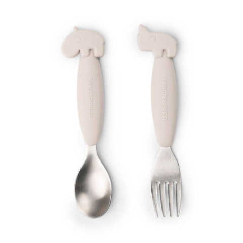Articole hranire copii - Set furculita si lingura Done by Deer Easy-grip Deer Friends Sand