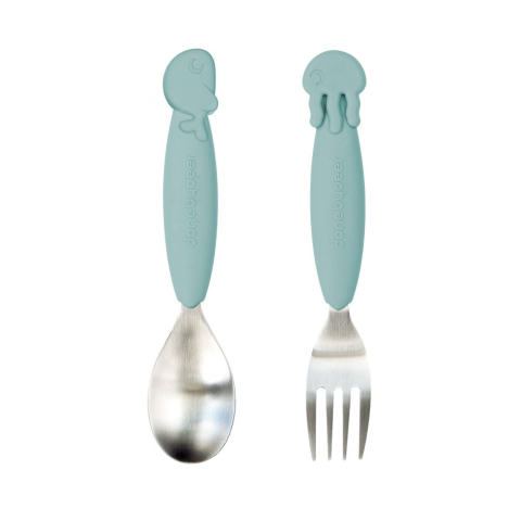 Masa bebelusului - Set furculita si lingura Done by Deer Easy-grip Sea Friends Blue