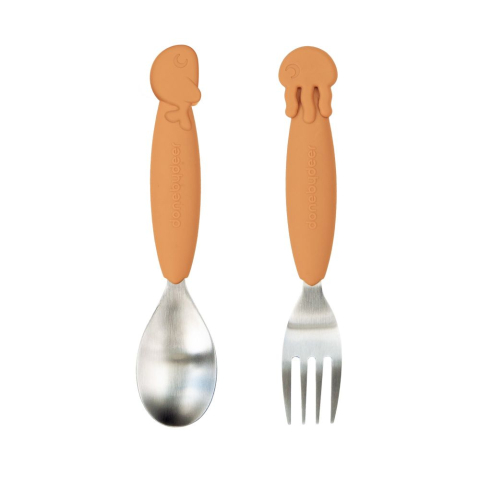 Masa bebelusului - Set furculita si lingura Done by Deer Easy-grip Sea Friends Mustard