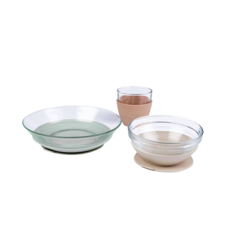 Masa bebelusului - Set hranire bebe din sticla Beaba cu ventuze 3 piese Natural