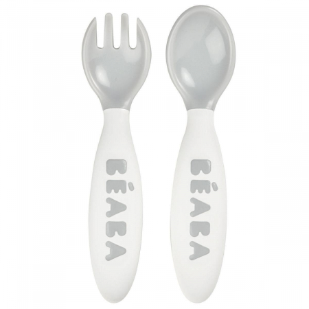 Articole hranire copii - Set lingurita si furculita ergonomica Beaba Grey