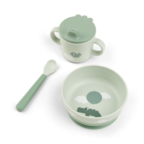 Articole hranire copii - Set pentru primele mese cu ventuza Done by Deer Foodie Happy Clouds Green