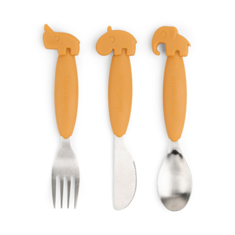 Masa bebelusului - Set tacamuri Done by Deer Easy-grip Deer Friends Mustard