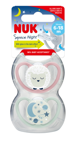 Biberoane tetine suzete - Suzeta Nuk Space Night Silicon 6-18 luni Fete, Set 2 Bucati